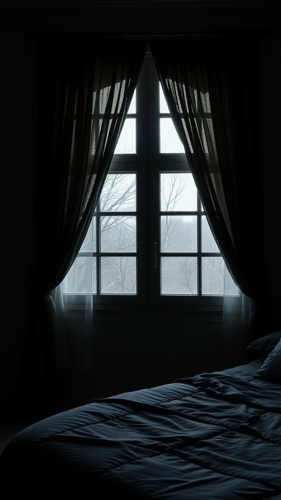 A cozy dark bedroom with a window covered by heavy curtains, creating a privacy-enhancing and romantic atmosphere.