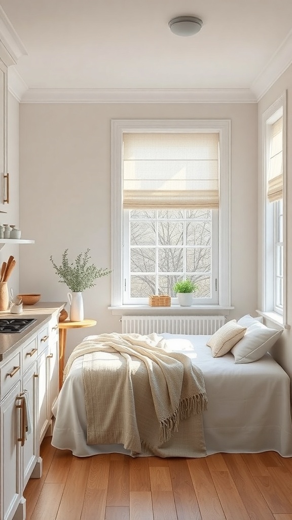Cozy small kitchen with light-colored window treatments and natural decor.