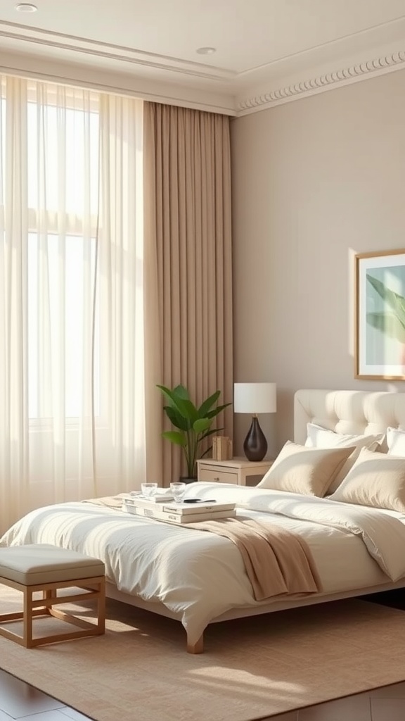 Neutral bedroom with soft curtains and plants