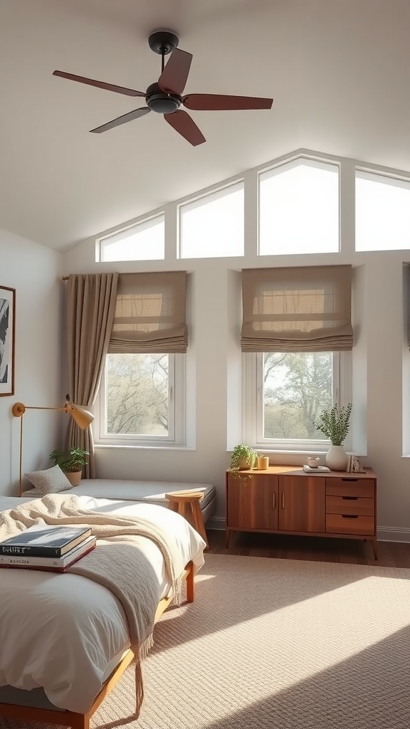 A modern L-shaped bedroom with natural light, showcasing roman shades and drapery on the windows.