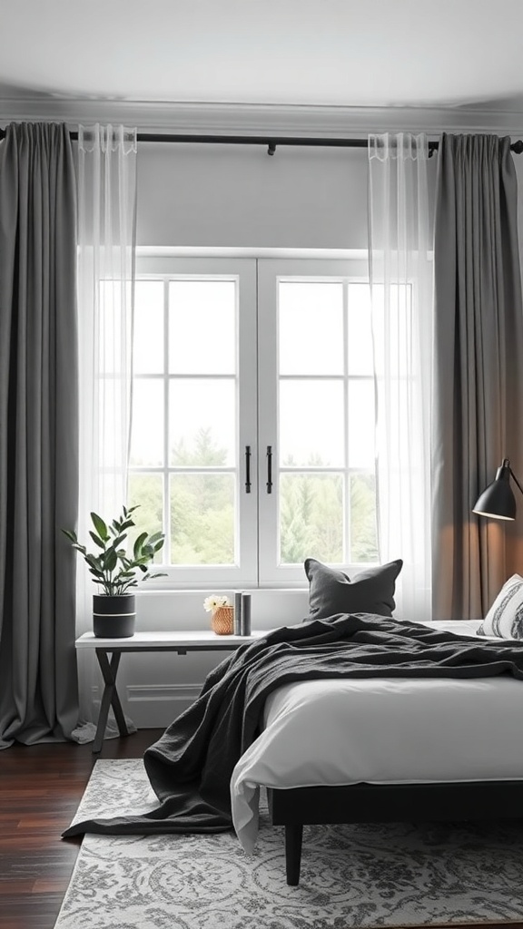 A monochrome bedroom featuring gray curtains, a white bed, and a plant by the window.