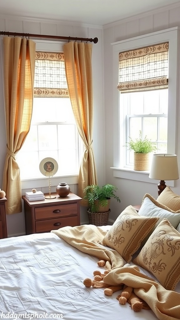 A cozy farmhouse bedroom with golden drapes, patterned shades, and potted plants by the window.