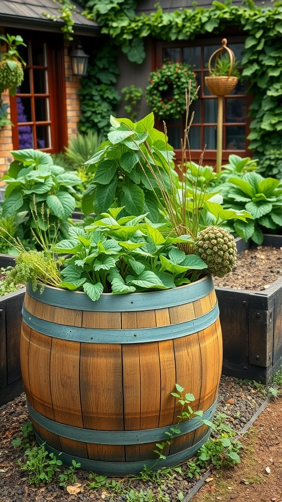 A wine barrel used as a garden planter filled with green plants.