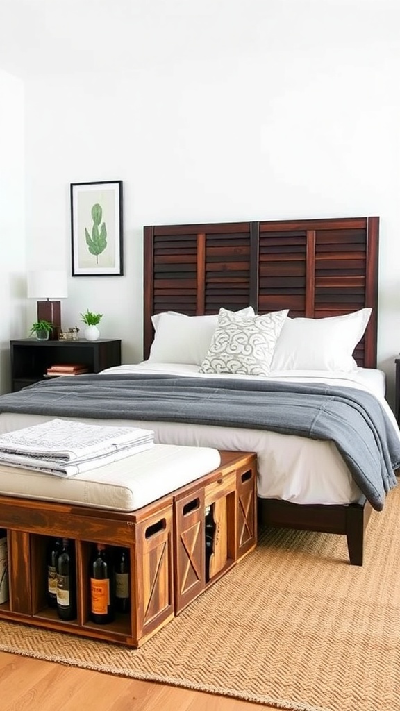 A cozy bedroom featuring a wine crate storage bench at the foot of the bed, with a cushioned top and wine bottles displayed underneath.
