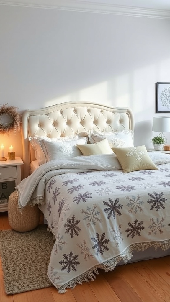 A cozy winter-themed bedroom with snowflake-patterned bedding and soft pillows.