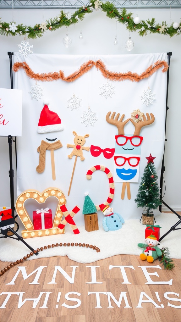 A winter-themed photo booth with festive decorations, props, and a cozy atmosphere
