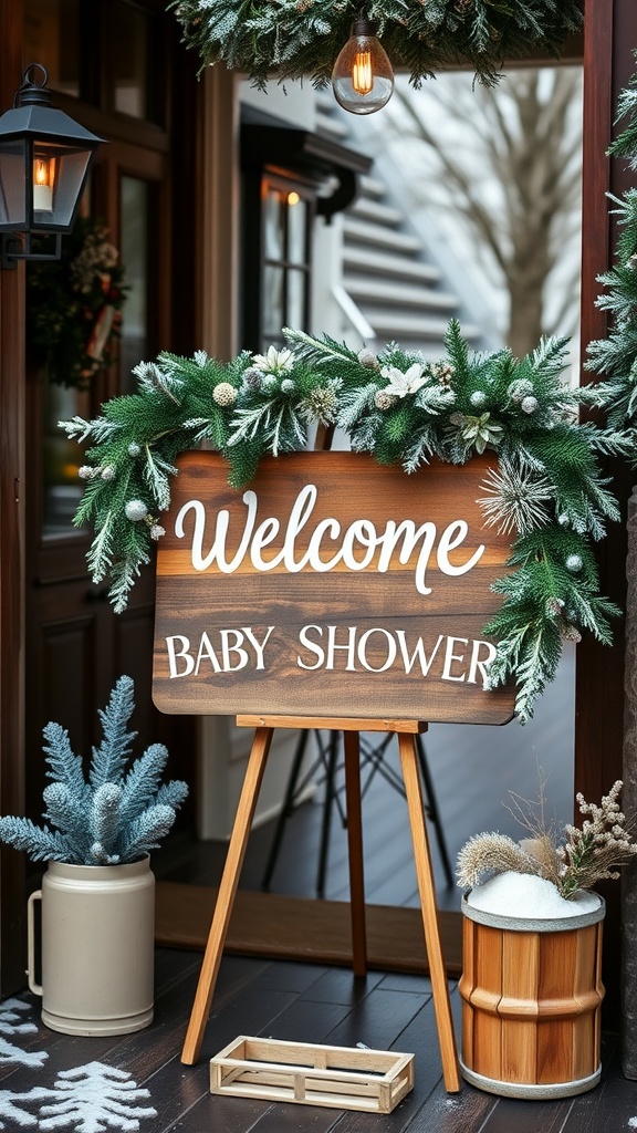 A wooden welcome sign for a baby shower, decorated with greenery and winter-themed accents.