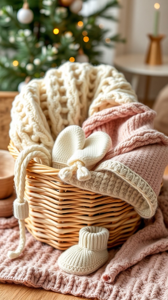 A cozy wicker basket filled with knitted baby clothing items, including blankets, booties, and mittens, placed beside a festive Christmas tree.