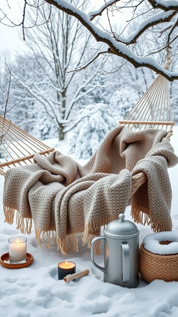 A cozy hammock with blankets, surrounded by snow and candles, creating a winter retreat scene.
