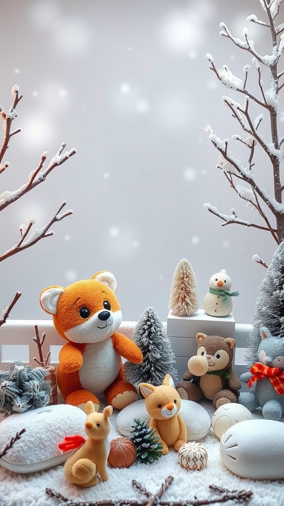 A cozy winter wildlife scene with plush animals, snow-covered trees, and decorative items for a baby shower.