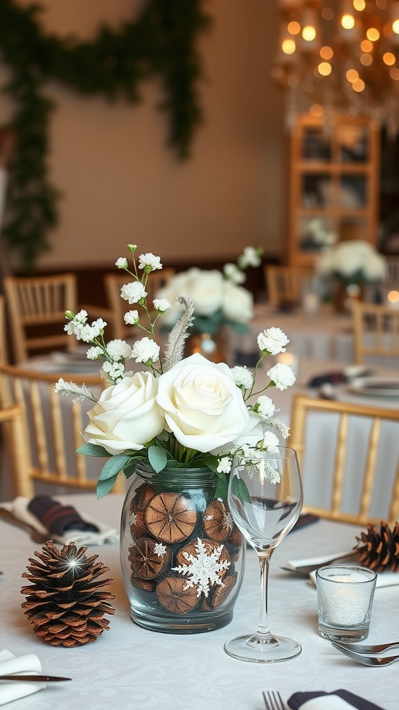 A beautifully arranged winter wonderland centerpiece featuring white roses, dried oranges, pine cones, and snowflake decorations in a glass vase.