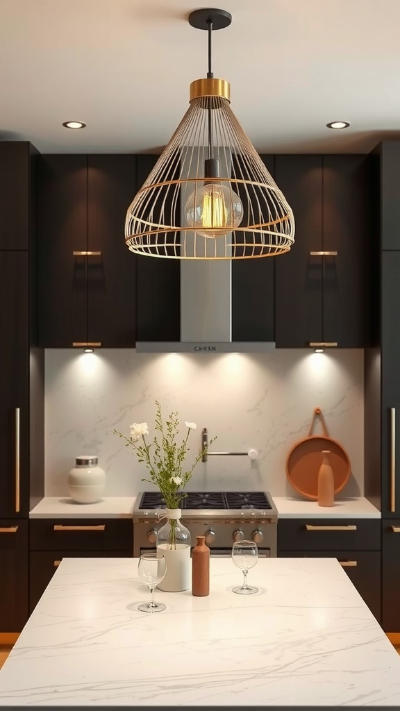 A modern kitchen with a wire frame pendant light over the island.
