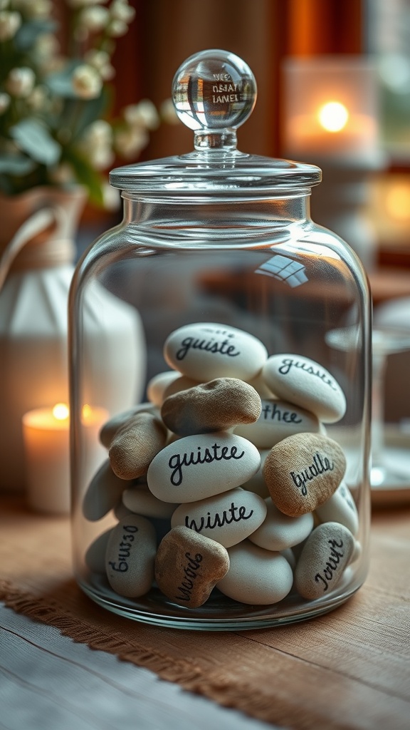 A glass jar filled with smooth wishing stones, each inscribed with a word or phrase, surrounded by candles and flowers.