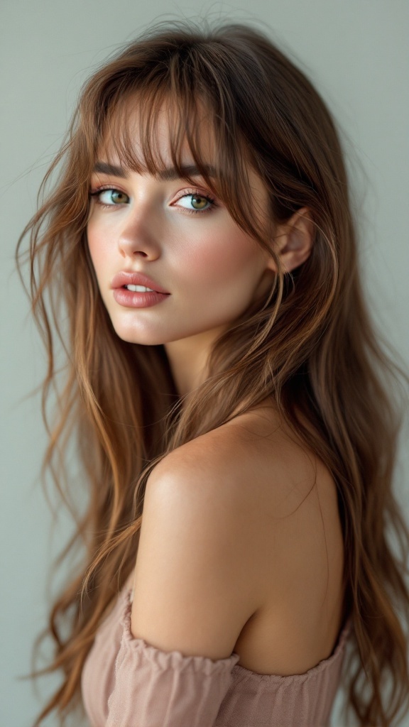 A young woman with long hair and wispy side bangs, showcasing layered hair for a soft and airy appearance.