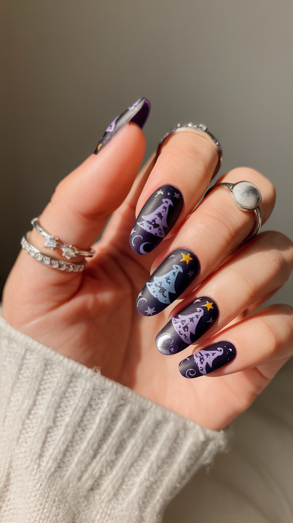 A hand with long, witch-themed nails featuring purple and black designs, including witch hats and stars, adorned with silver rings.