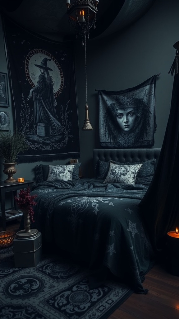 A dark, witchy bedroom featuring patterned textiles, wall hangings, and cozy bedding.