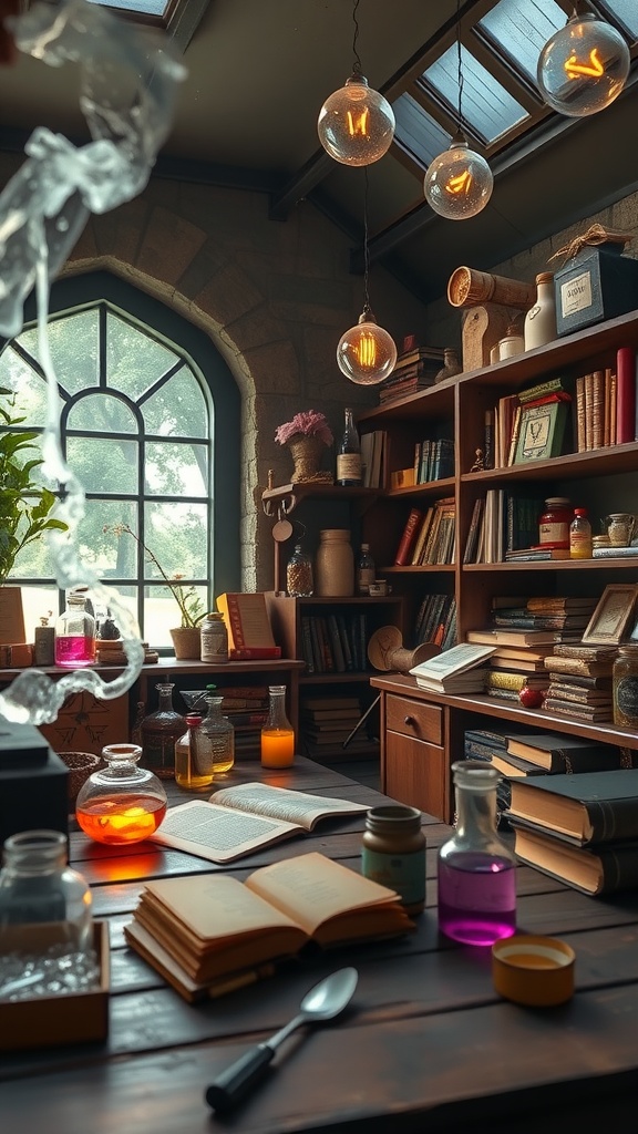 A cozy potion lab filled with colorful liquids, books, and magical ingredients.