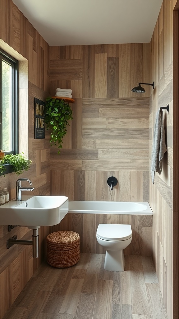 A small bathroom featuring wood-look porcelain tiles on the walls and floor, with modern fixtures and plants.