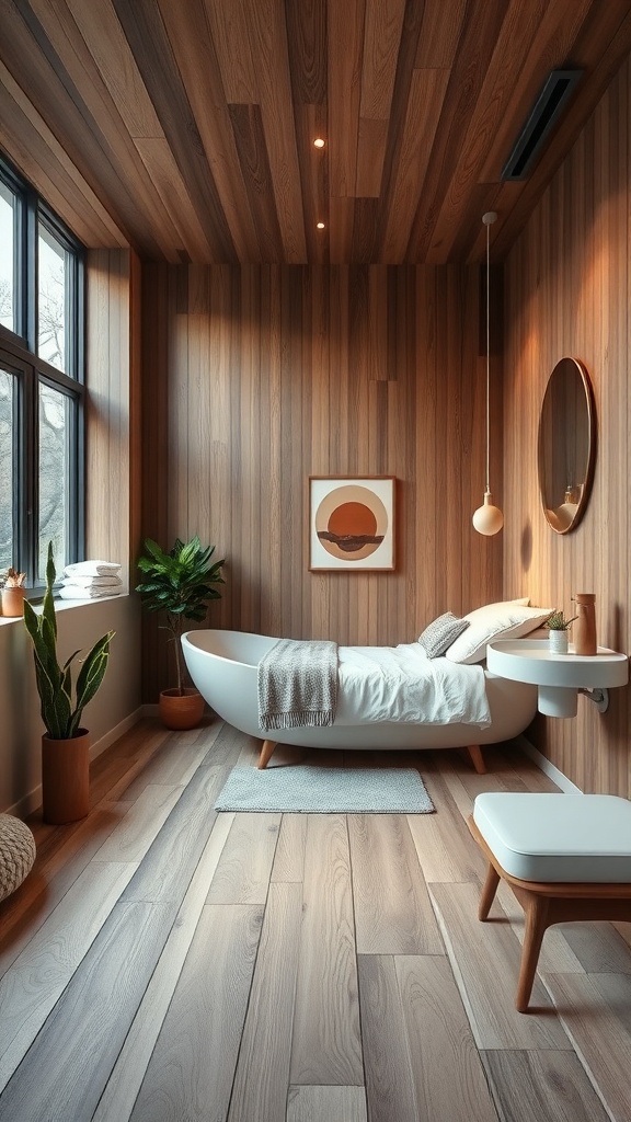 A bathroom featuring wood-look porcelain tiles, wooden walls, and modern decor.