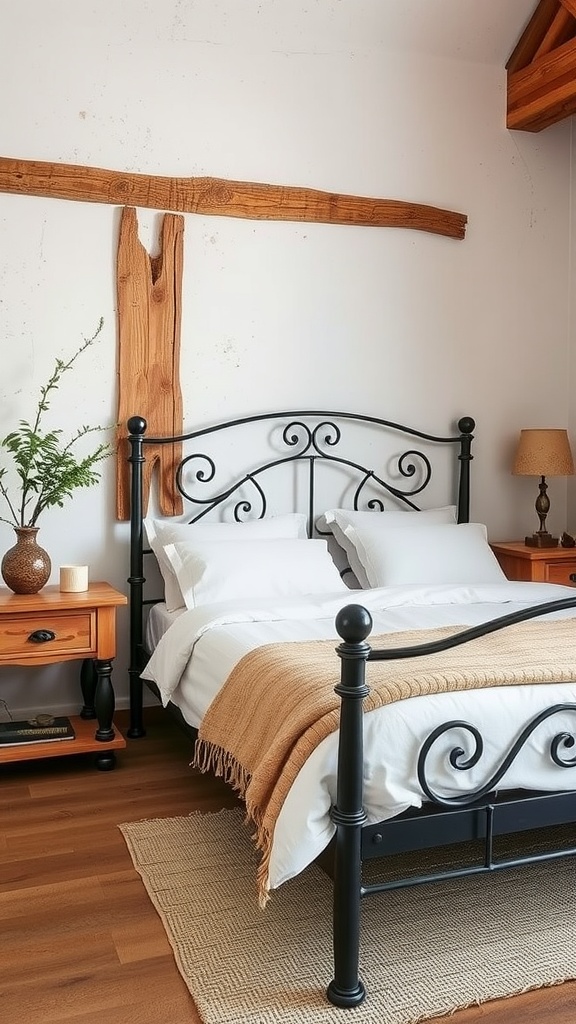 A goth bedroom featuring a black metal bed frame, wooden nightstands, and rustic wooden decor.