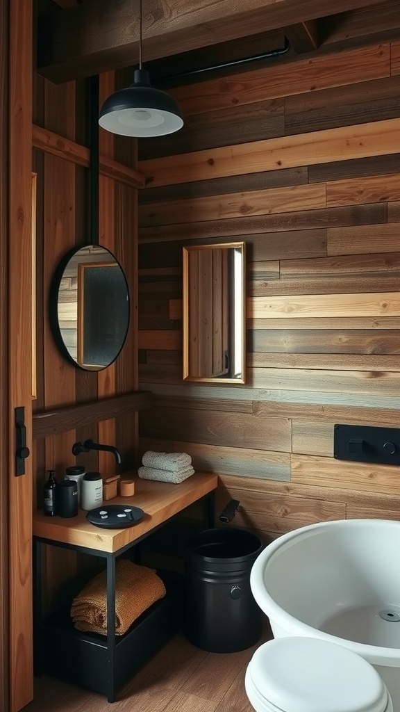 A rustic bathroom featuring wood paneling and modern metal fixtures.