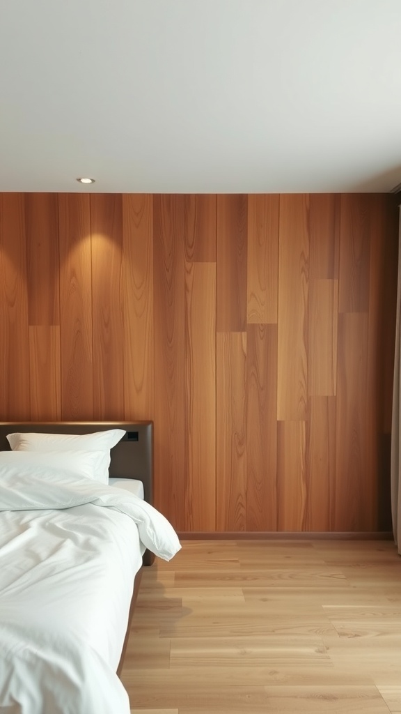 A cozy bedroom featuring wooden accent panels on the wall and a neatly made bed with white bedding.