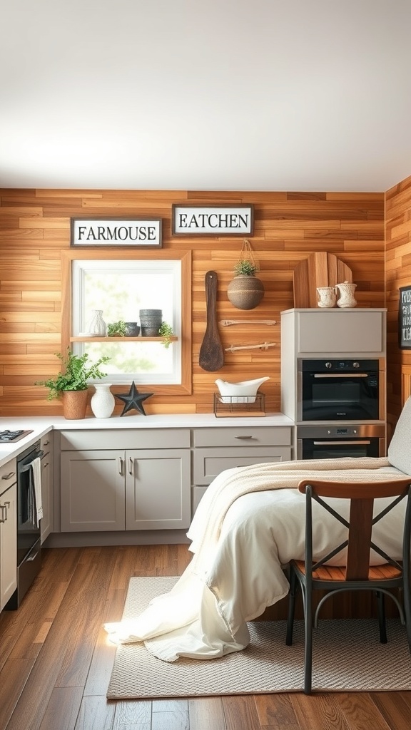 A cozy country kitchen featuring wooden accent walls and farmhouse signs.