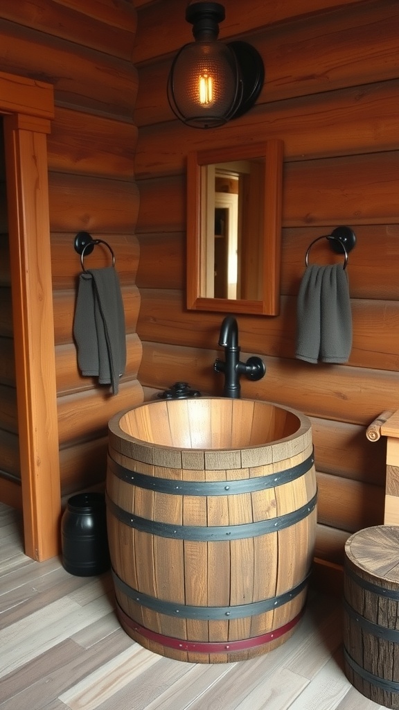 A rustic wooden barrel sink in a cozy bathroom with log walls.