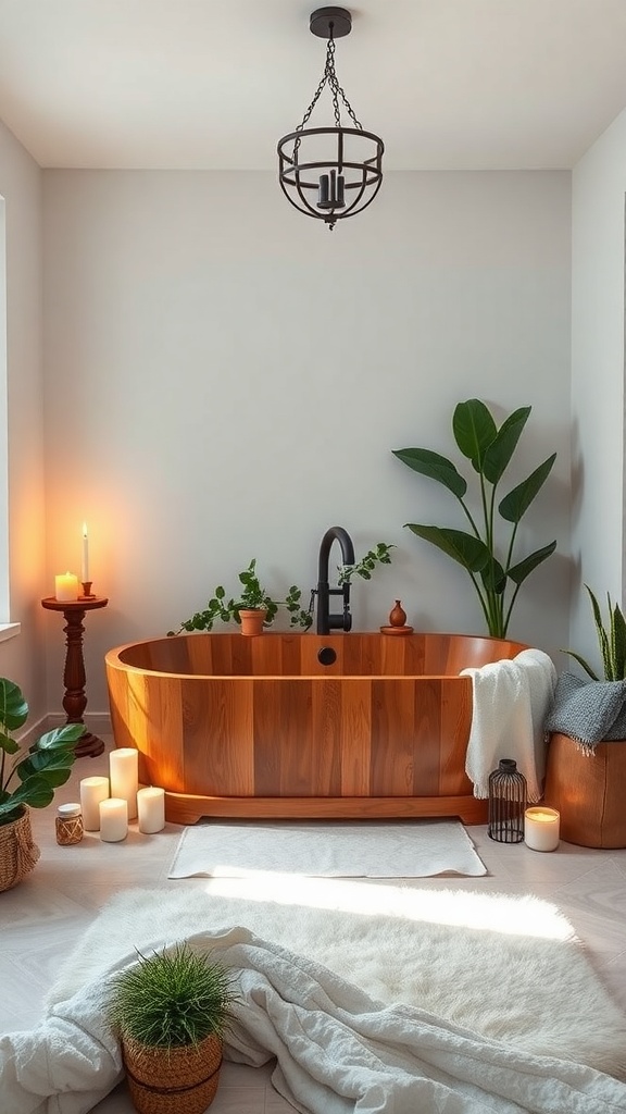 A rustic wooden bathtub surrounded by candles and plants in a serene bathroom setting.