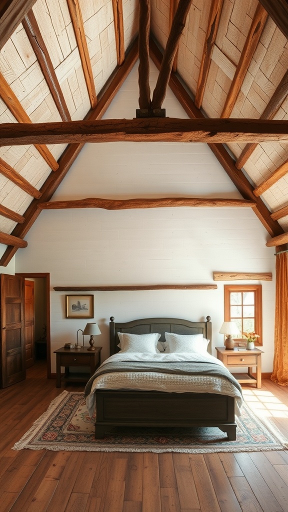 A rustic bedroom with wooden beams and ceilings, featuring a bed, nightstands, and natural light.