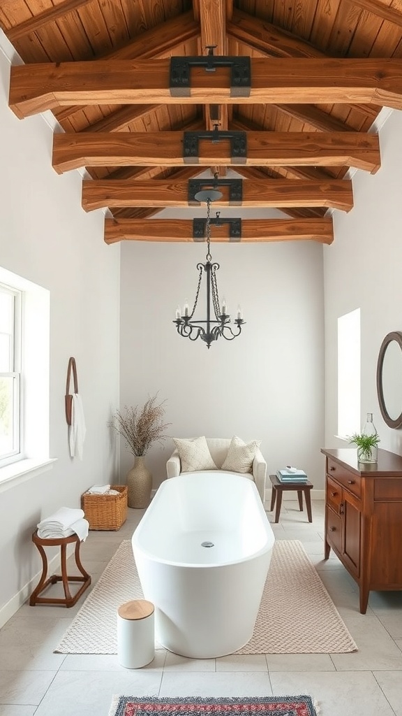 A bathroom featuring wooden beams and a modern freestanding bathtub, showcasing a cozy and inviting atmosphere.