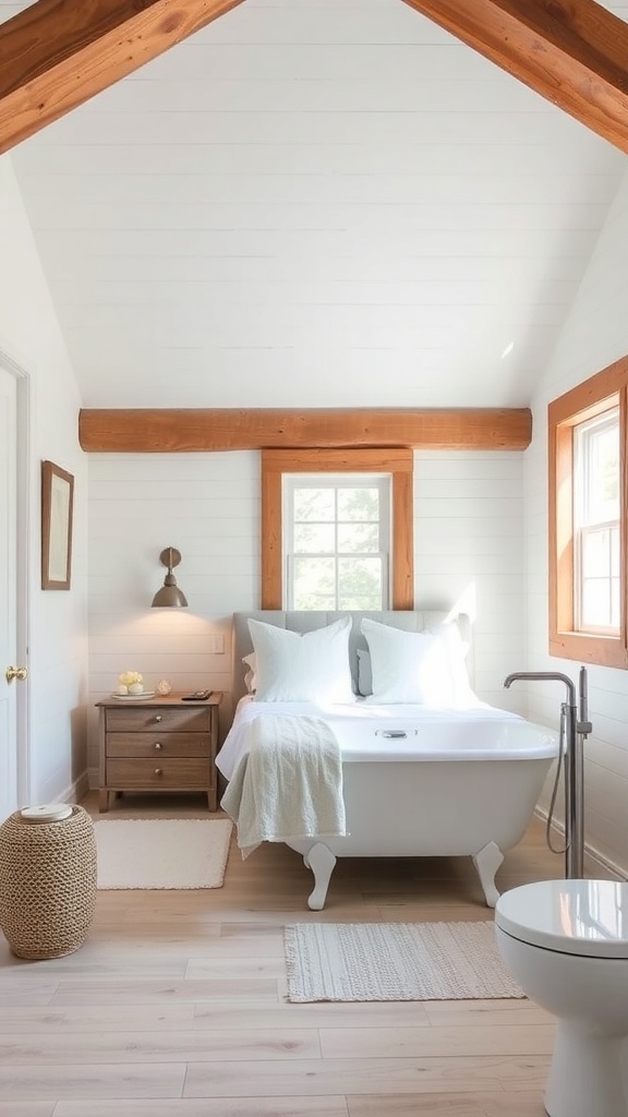 A cozy cottage bathroom featuring wooden beams, shiplap walls, and a freestanding tub.