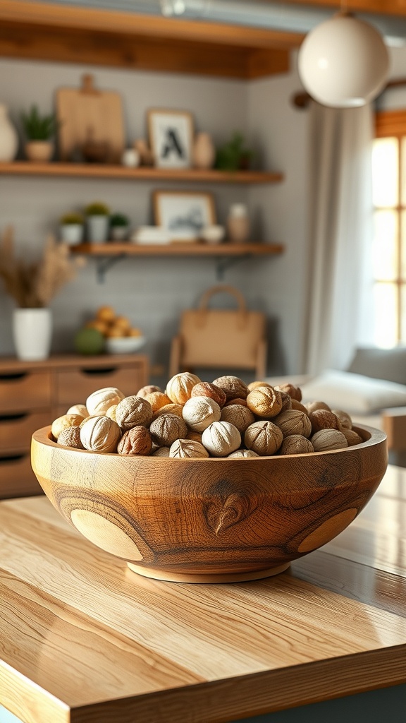 A wooden bowl filled with assorted nuts on a kitchen island