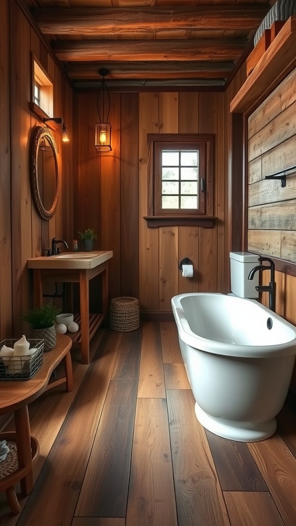 A rustic bathroom with wooden flooring, featuring a freestanding bathtub and wooden accents.