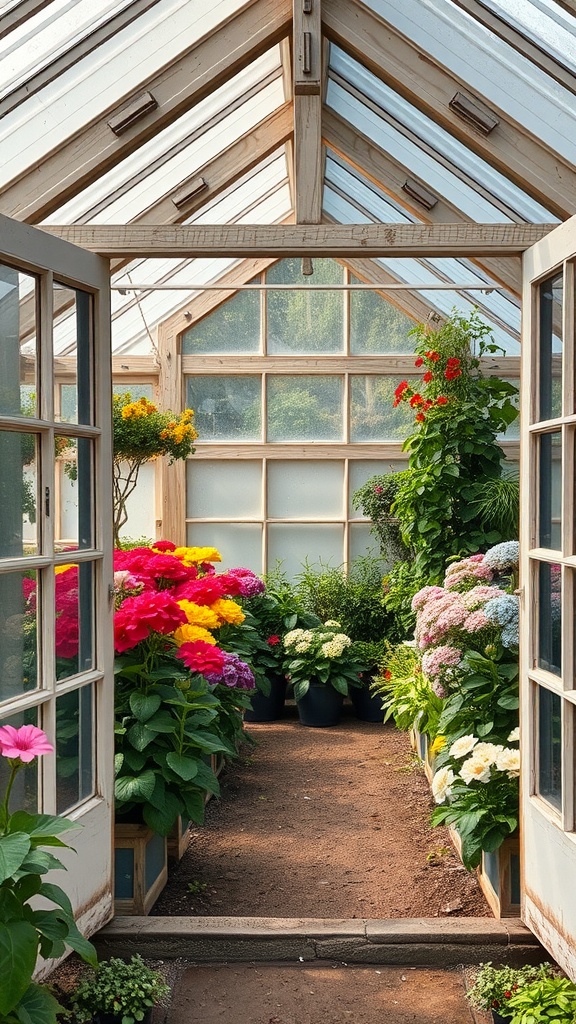 Interior view of a wooden frame greenhouse filled with colorful flowers and plants.