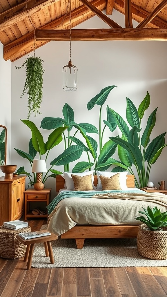 A jungle-themed bedroom featuring wooden furniture, a bed with tropical leaf mural, and rustic decor elements.