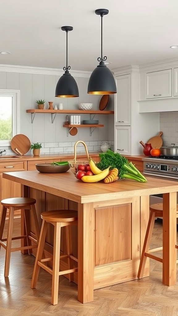 Wooden kitchen island with fresh produce and seating in a farmhouse style kitchen