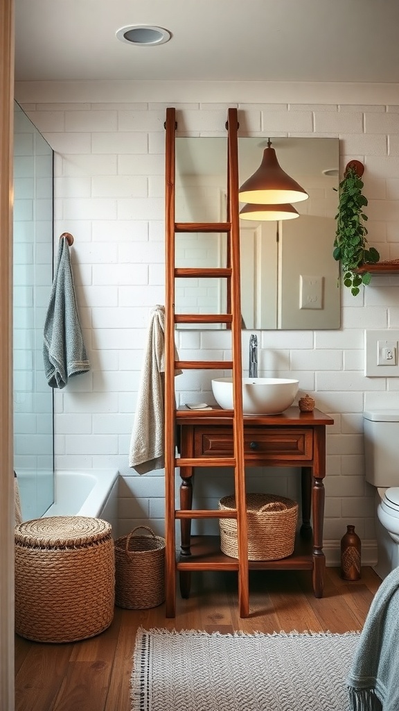 Wooden ladder towel rack in a rustic bathroom with a mirror and decorative elements.