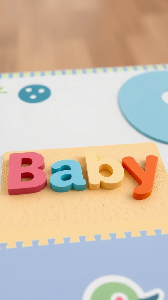 Colorful wooden letters spelling out 'Baby' on a play mat.