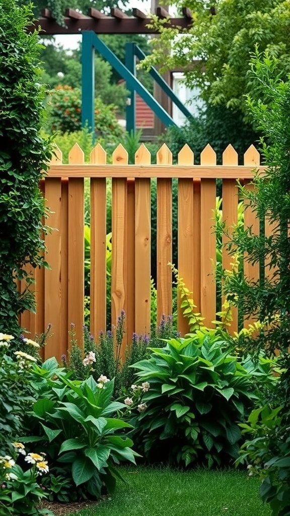 A wooden palisade fence surrounded by lush green plants and flowers, providing a cozy and private backyard space.