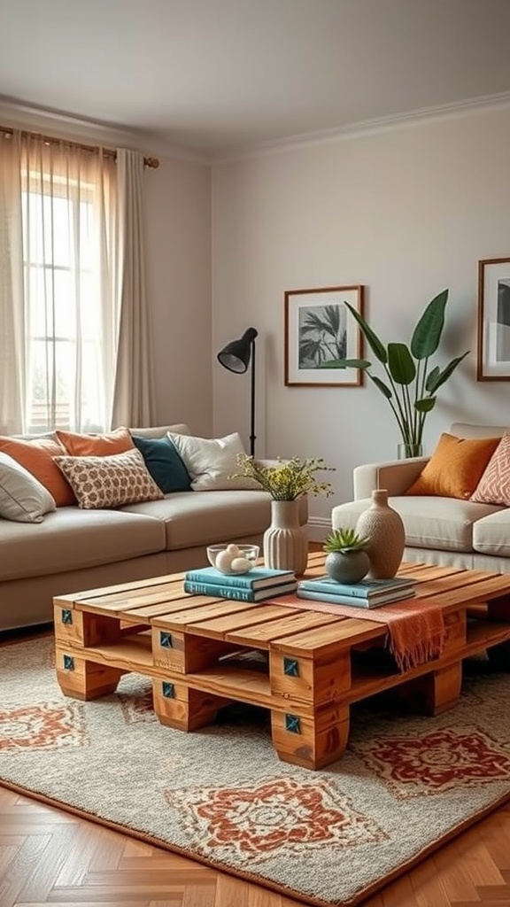 A cozy living room featuring a wooden pallet coffee table with decorative items on it.