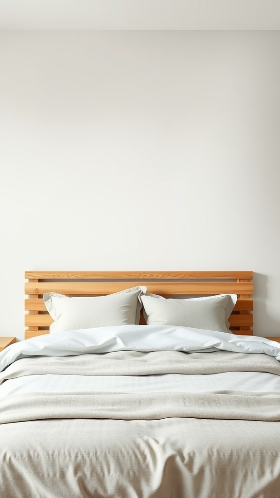 A simple wooden slat headboard with light-colored bedding and pillows