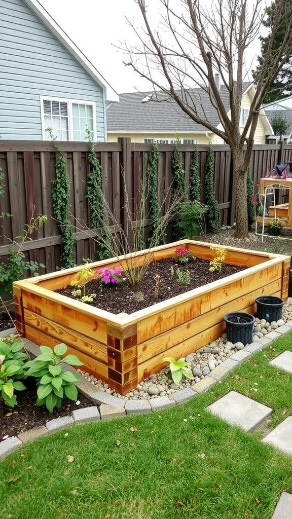 A wooden raised garden bed with built-in seating, featuring colorful flowers and surrounded by green plants.