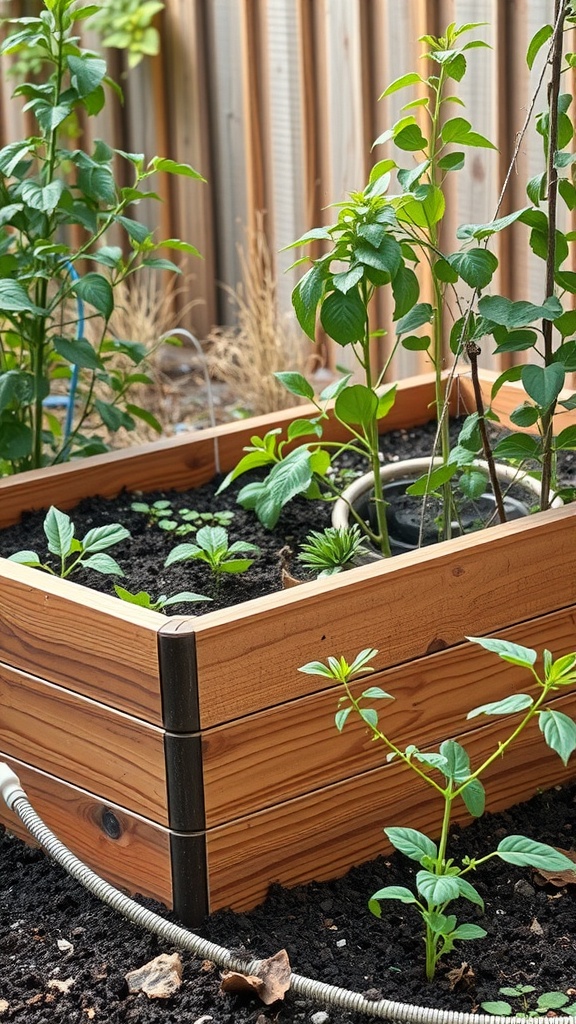 A wooden raised garden bed with integrated watering system and various plants growing inside.
