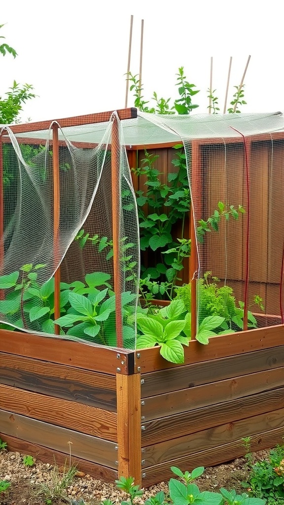 A wooden raised garden bed with mesh netting to protect plants from pests.