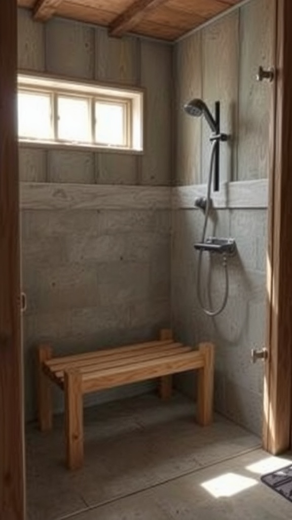 A wooden shower bench in a rustic shower with stone walls and a window