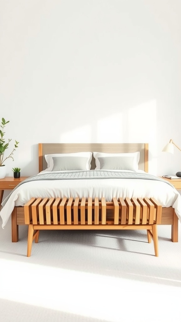 A wooden slatted bench positioned at the end of a bed in a bright, modern bedroom