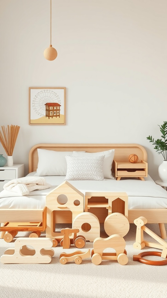 Montessori toddler bedroom with a display of wooden toys