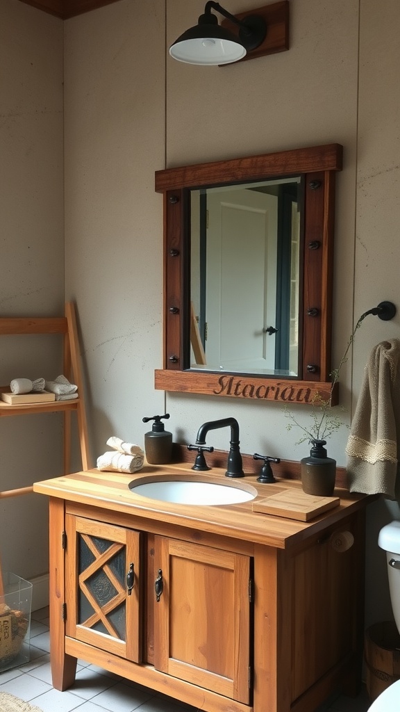 Rustic wooden vanity with a sink, mirror, and decorative items