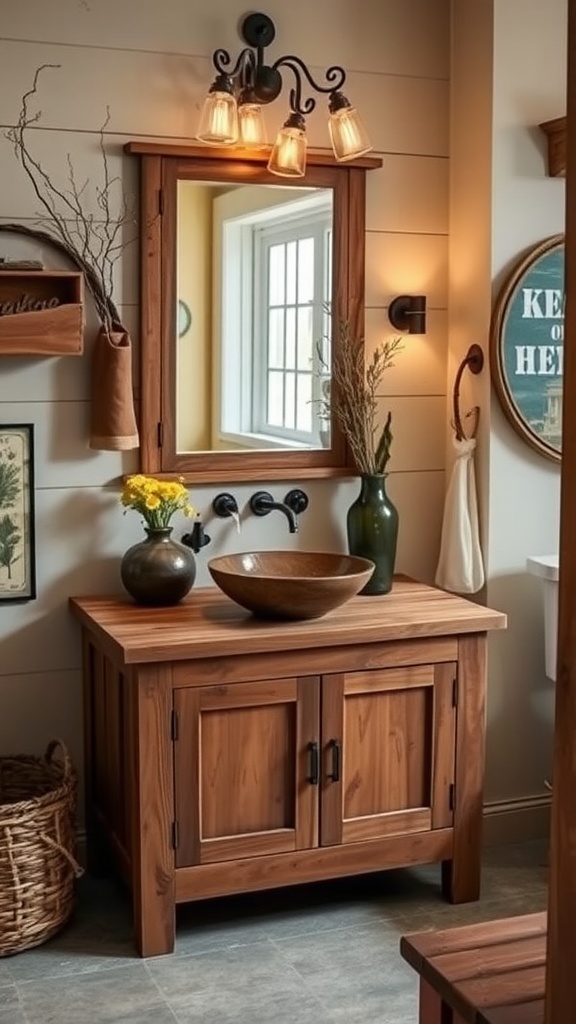 Rustic wooden vanity with sink in a cozy bathroom setting